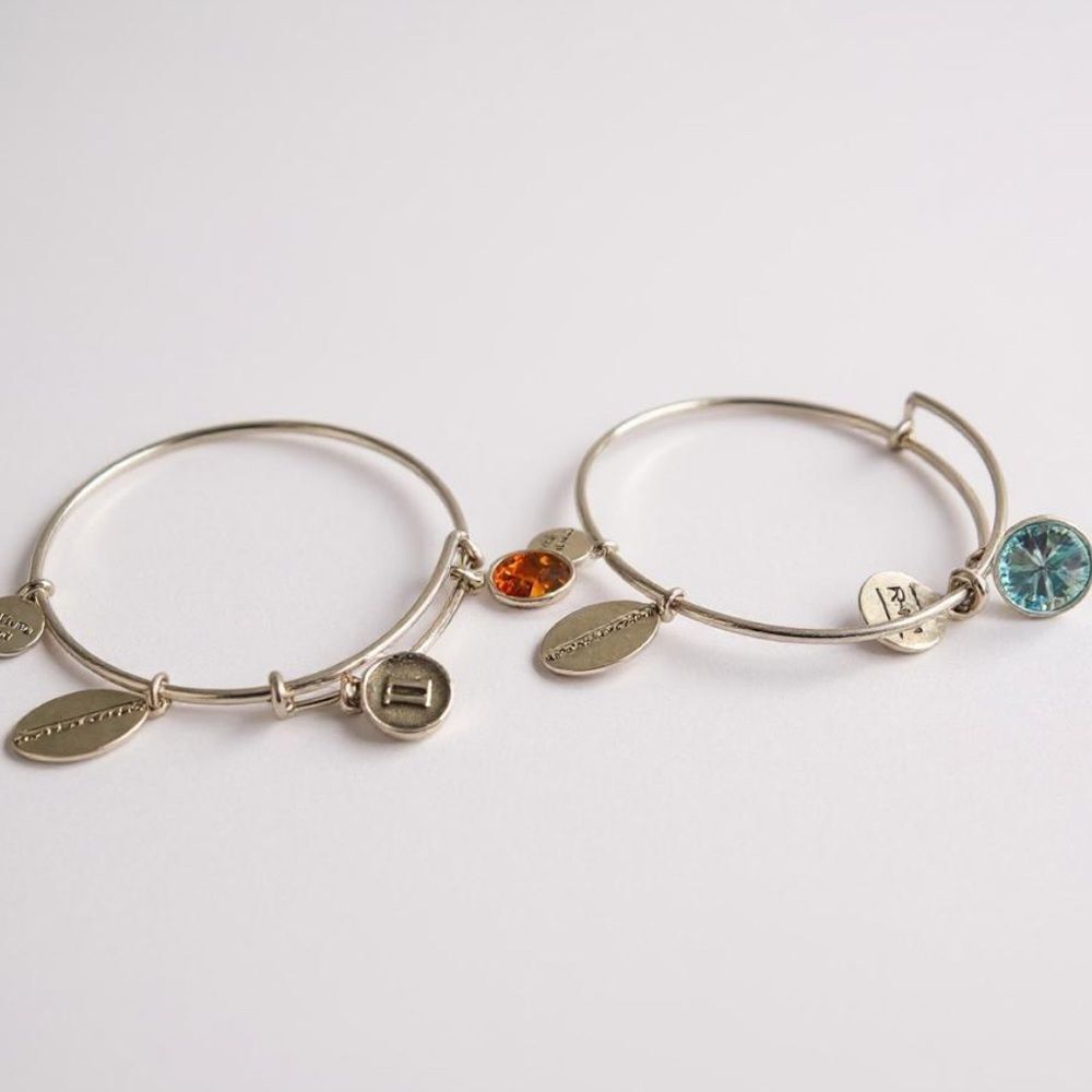Rodan + Fields Silver Charm Bangle Bracelet Set | Orange & Blue Crystal charms